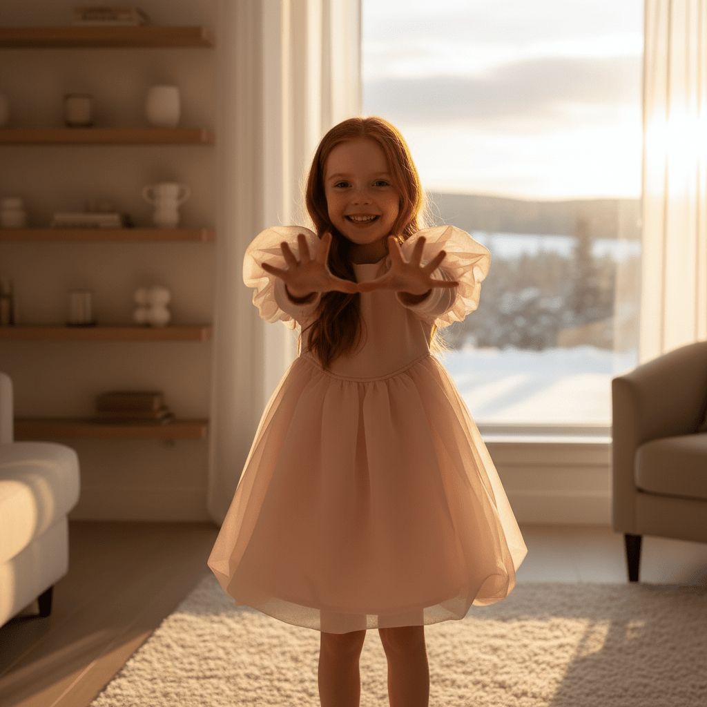 Young girl in a pink dress standing in a sunlit room with shelves in the background