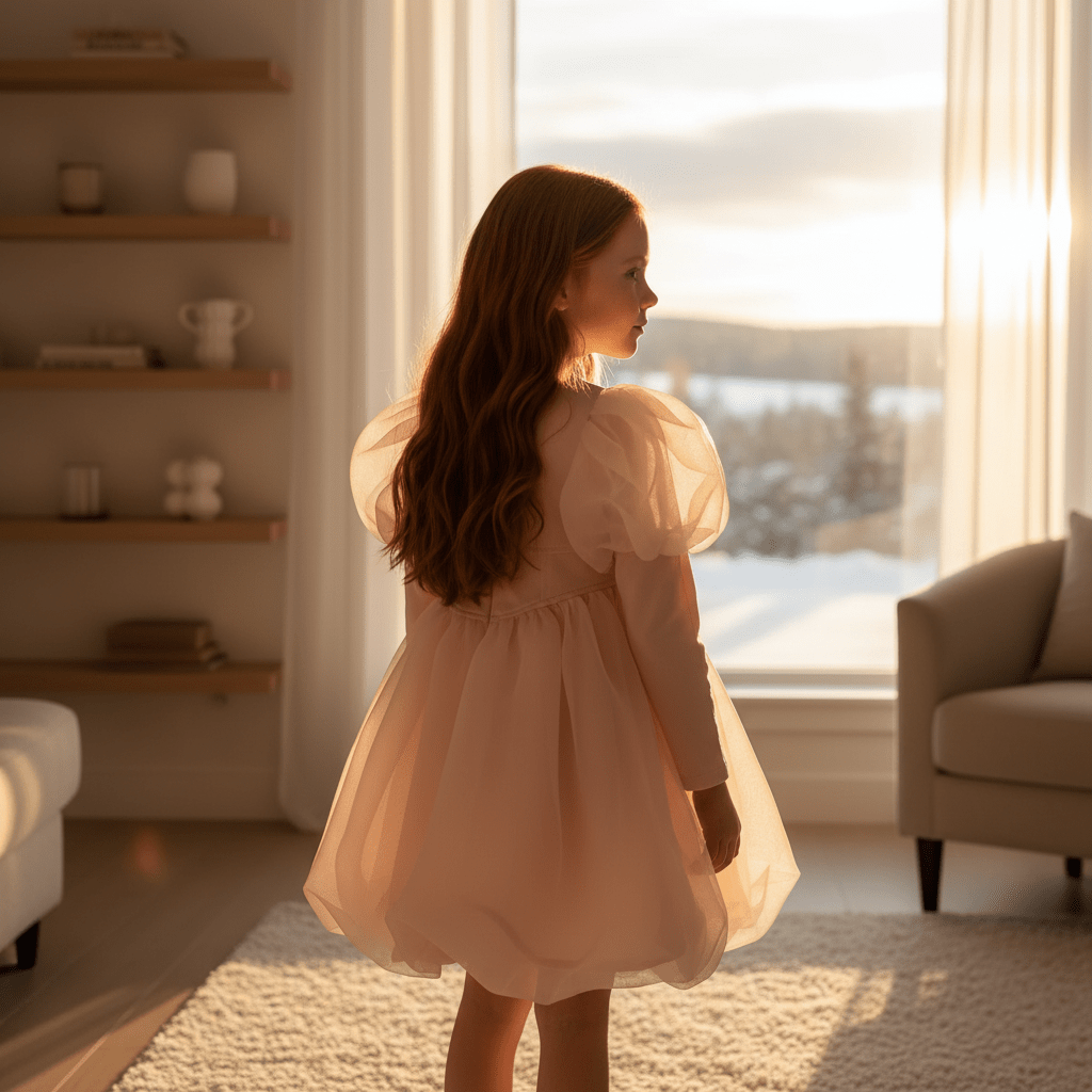 Young girl in a light dress standing in a sunlit room with a view of snow outside.