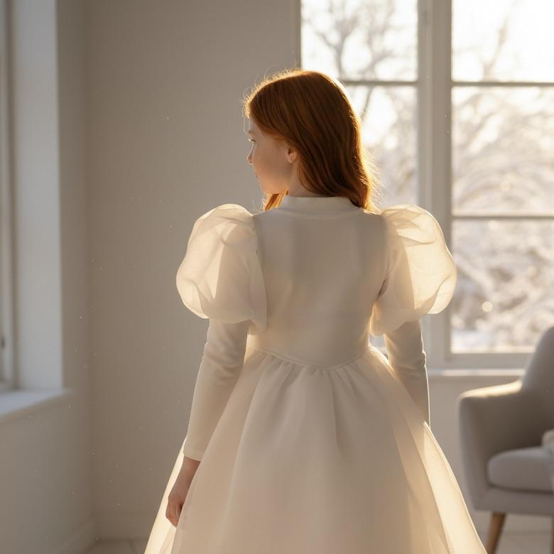 Woman in a white dress standing in a softly lit room with large windows.