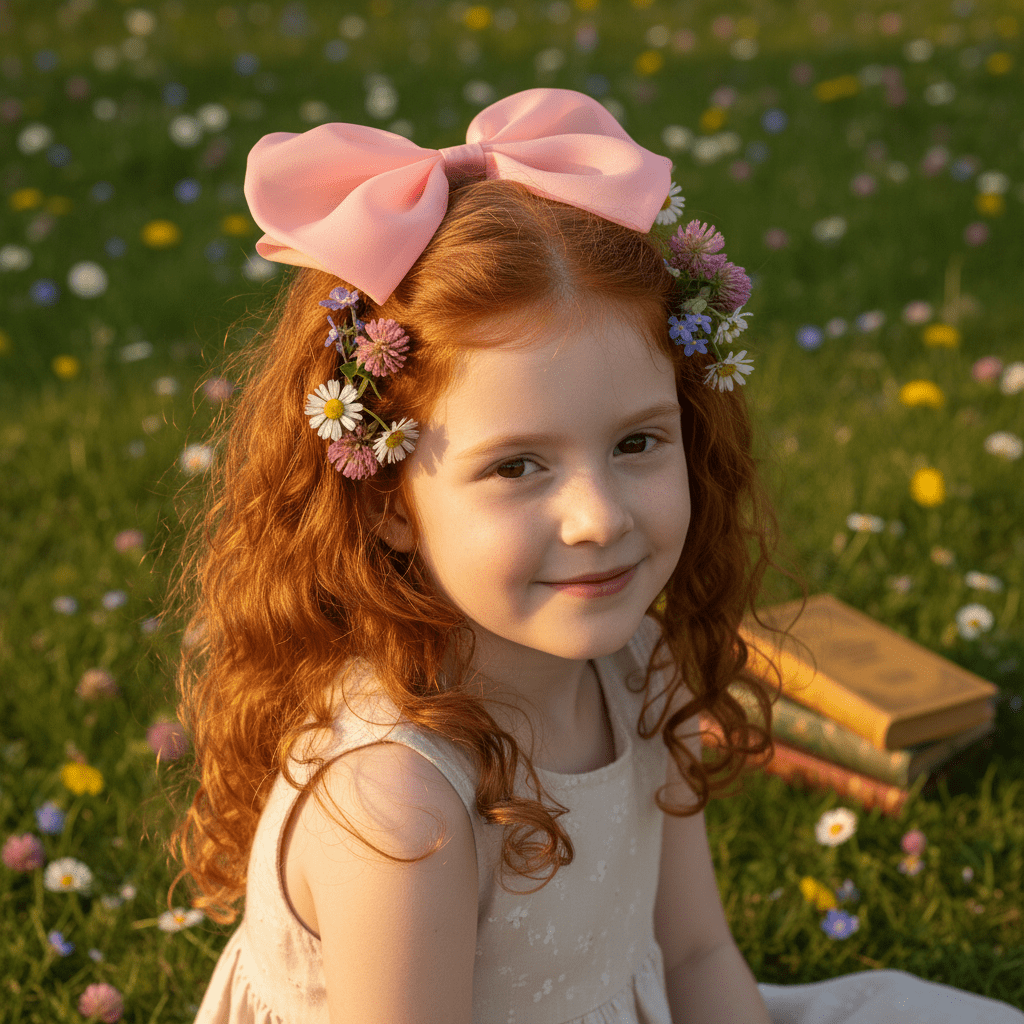 Young girl with a large pink bow and flowers in her hair sitting in a field of flowers.