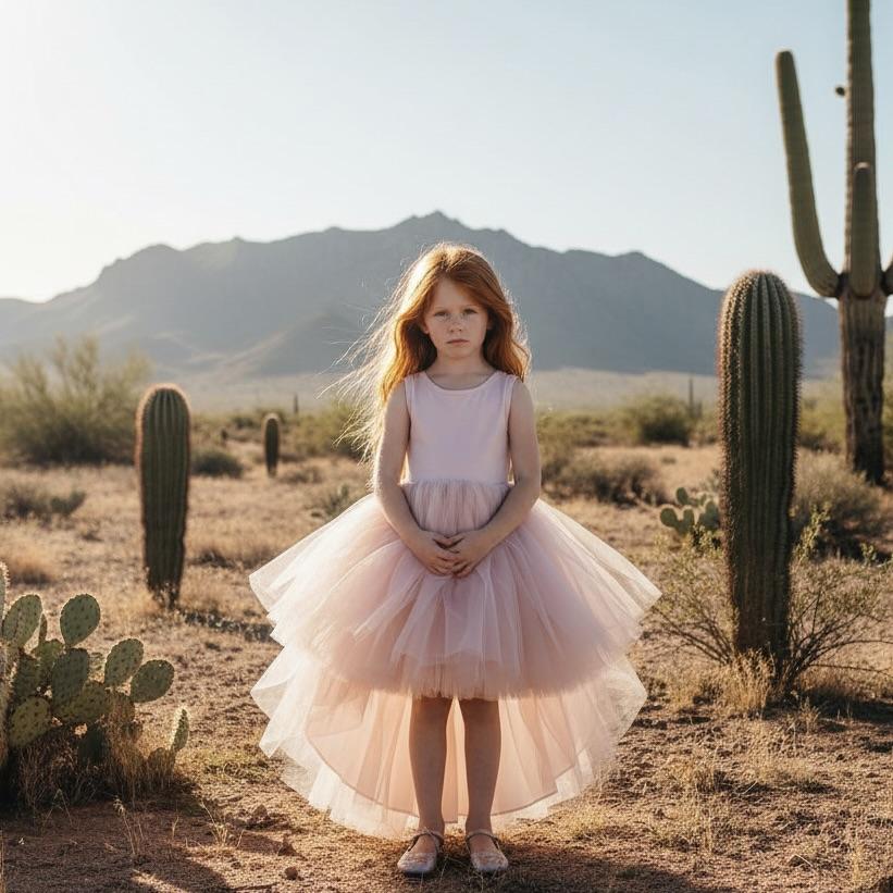 Young girl in a pink dress standing in a desert with cacti and mountains.