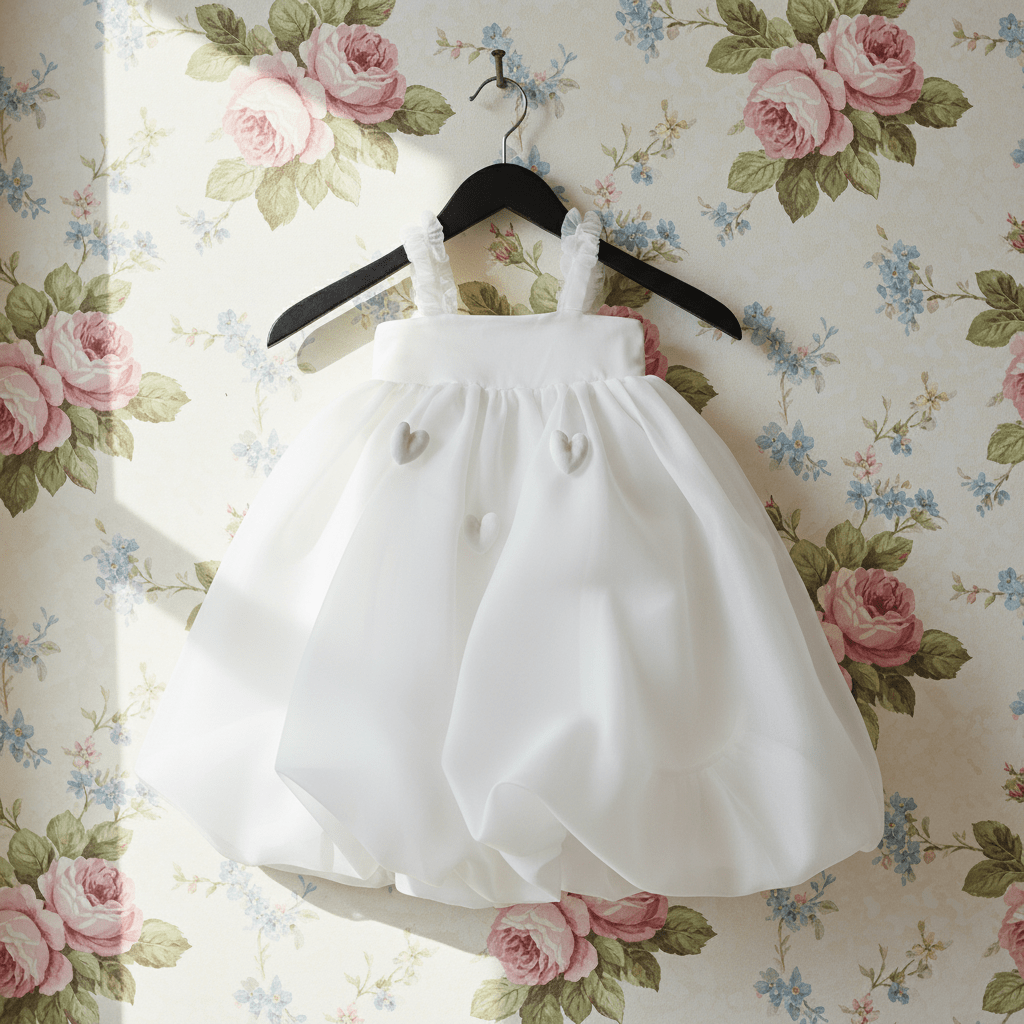 White dress on a hanger against a floral wallpaper background