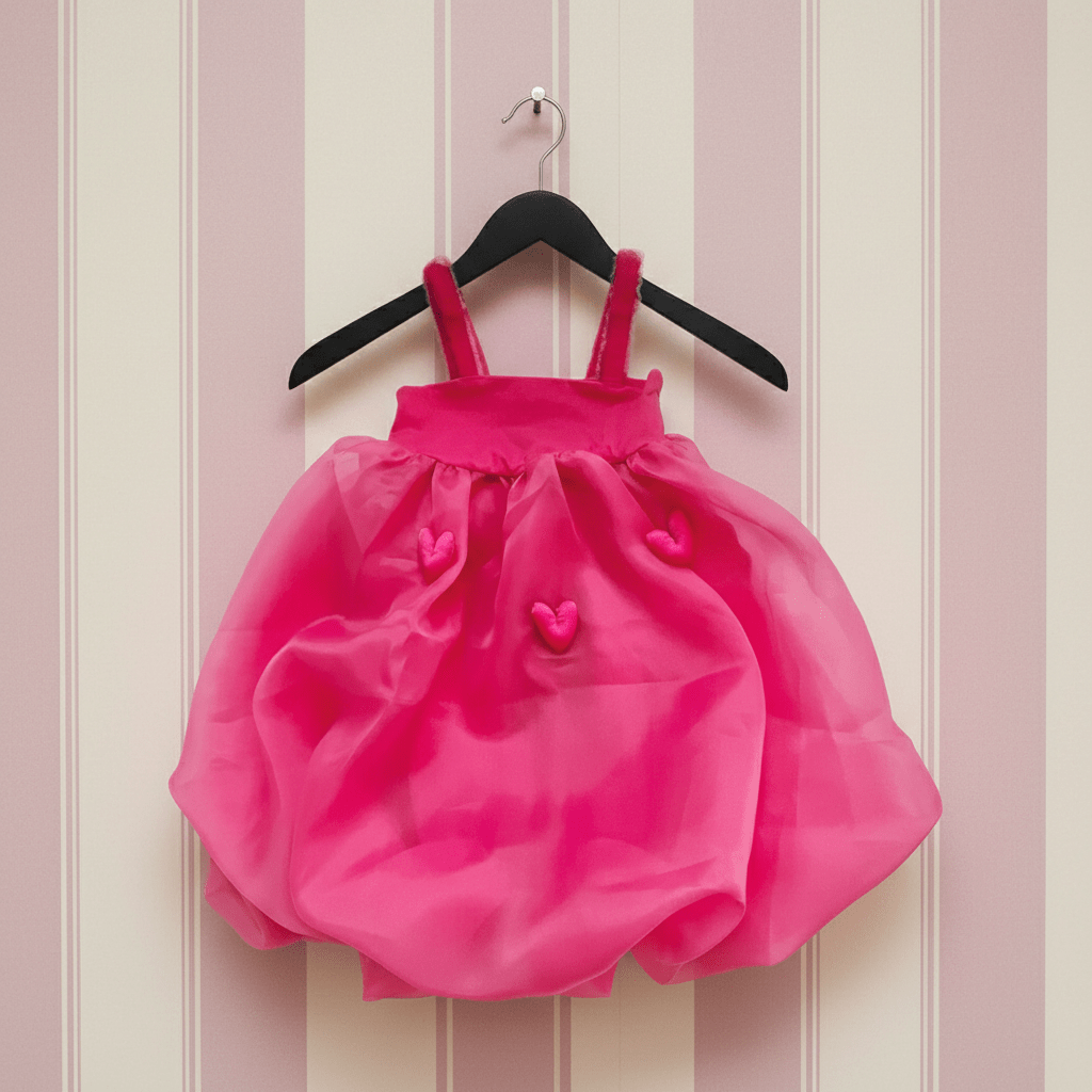 Pink dress with heart details on a hanger against a pink striped wall.
