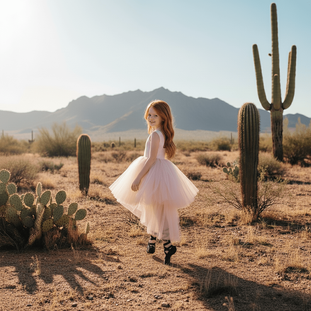 Young girl in a white dress standing in a desert landscape with cacti and mountains.