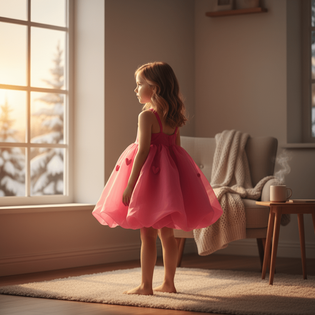 Young girl in a pink dress standing in a warm, sunlit room.