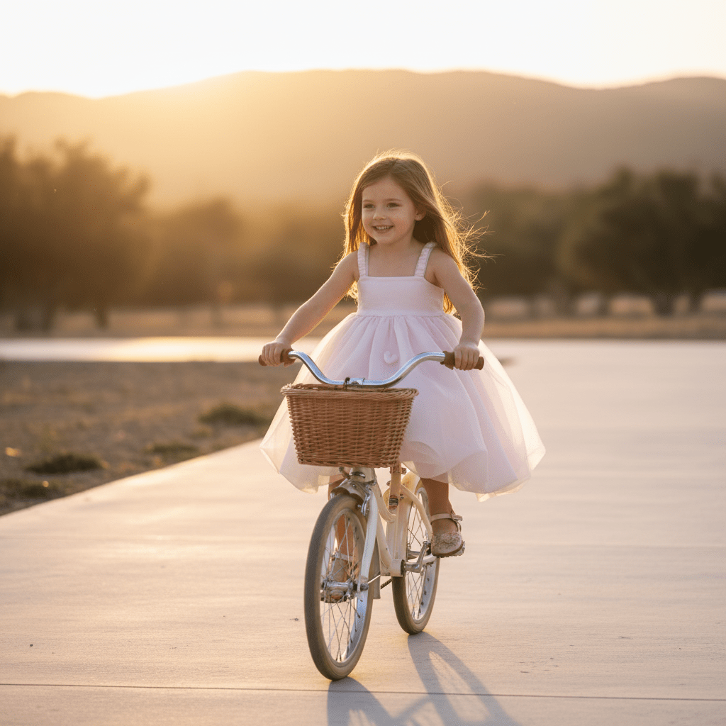 Young girl in a pink dress riding a bicycle on a wooden path with a scenic background.