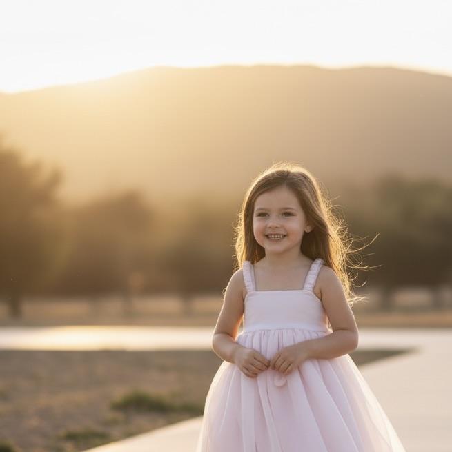 Young girl in a pink dress standing outdoors with a blurred natural background