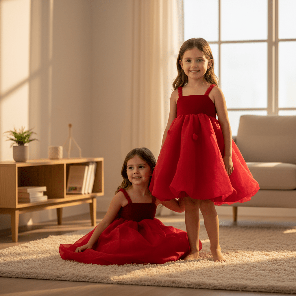 Two young girls in red dresses standing in a well-lit room.