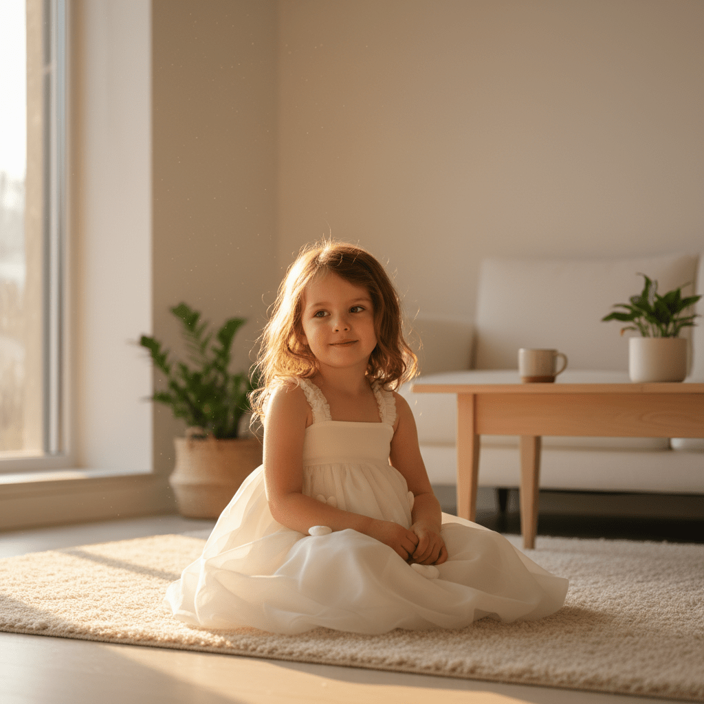 Young girl in a white dress sitting on a rug in a bright room with a couch and plants.