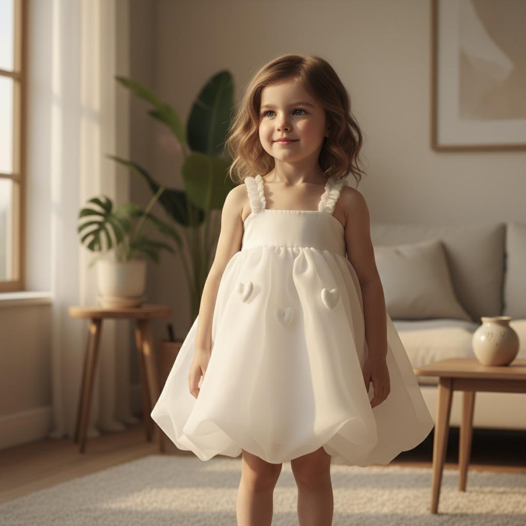 Young girl in a white dress standing in a cozy living room.