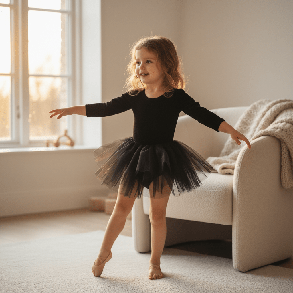 Young girl in a black ballet outfit standing in a room with a window and sofa.