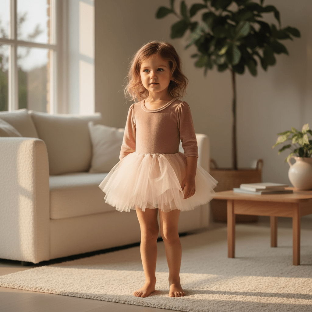 Young girl in a pink dress standing in a living room with a couch and plants.