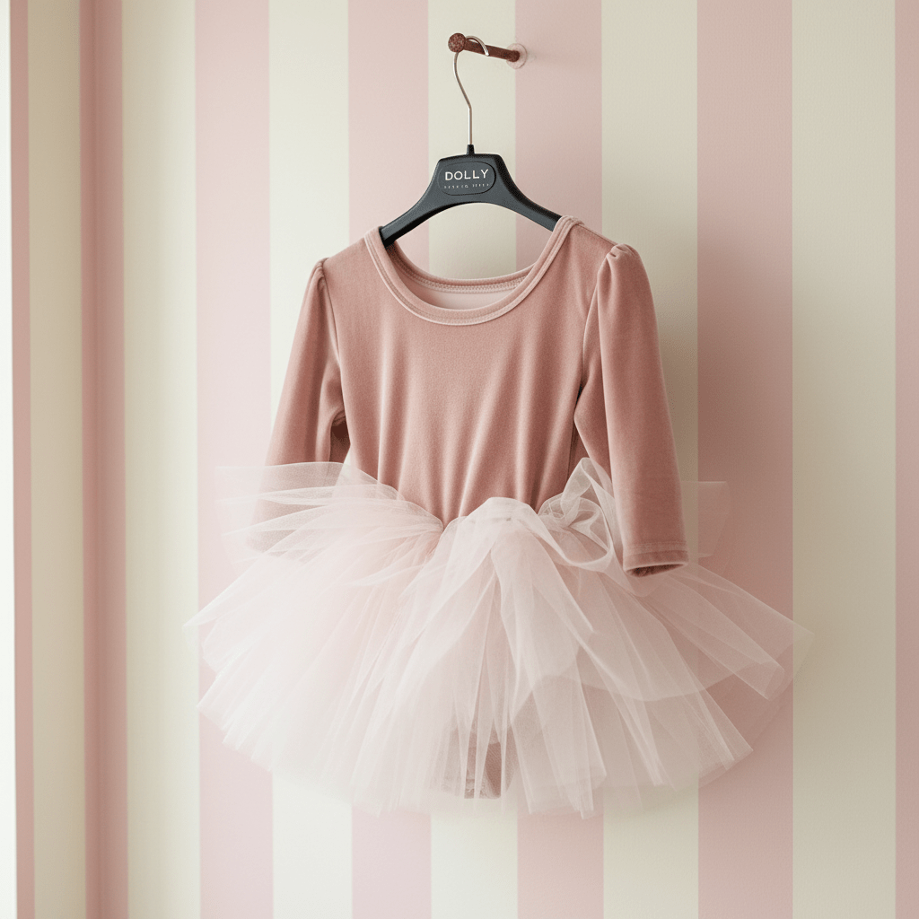 Pink dress with a tutu on a hanger against a striped background