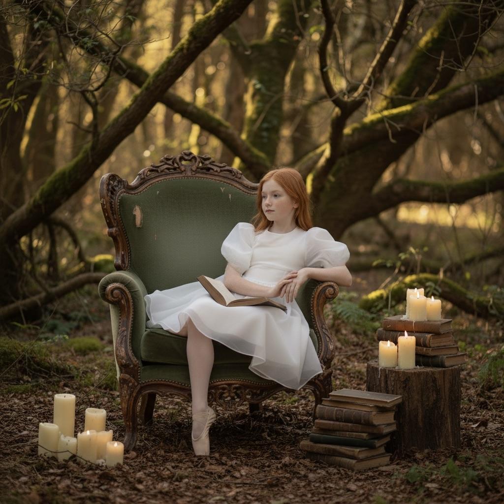 Girl in a white dress sitting on an ornate chair in a forest with candles around.