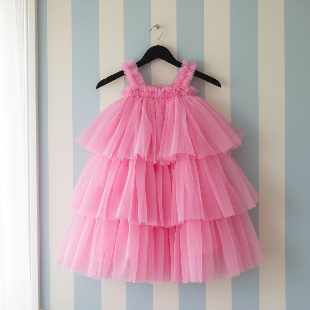Pink tiered dress on a hanger against a striped wall.