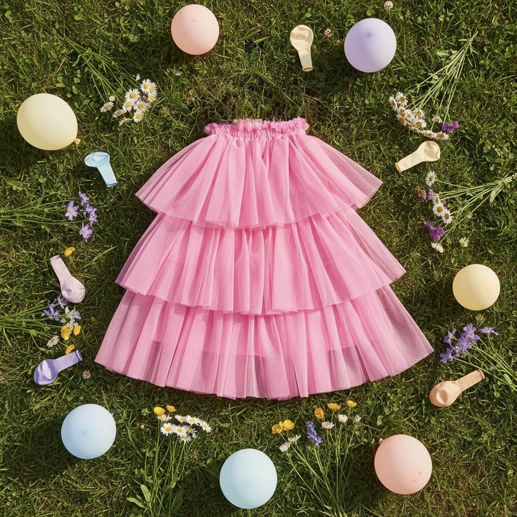 Pink ruffled skirt on grass with balloons and flowers