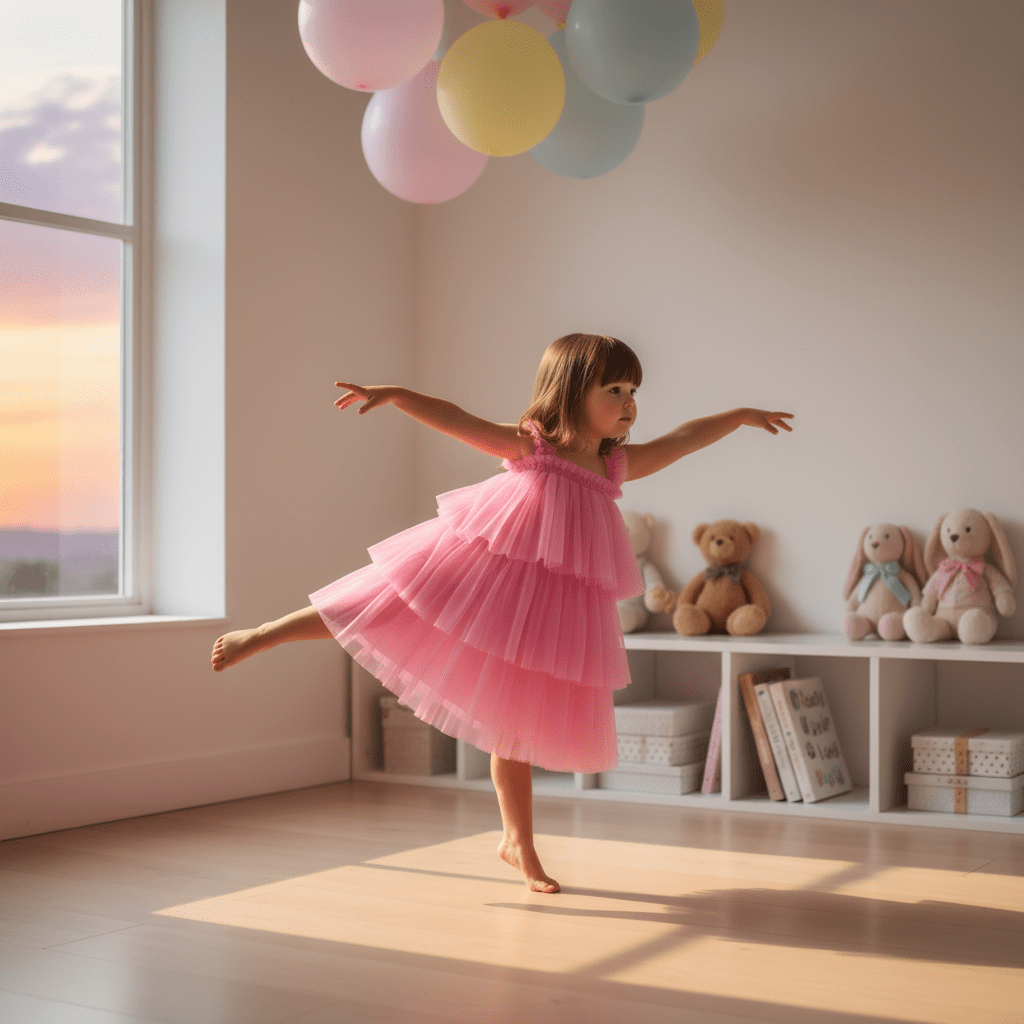 Young girl in a pink dress dancing with colorful balloons in a room with teddy bears and books.