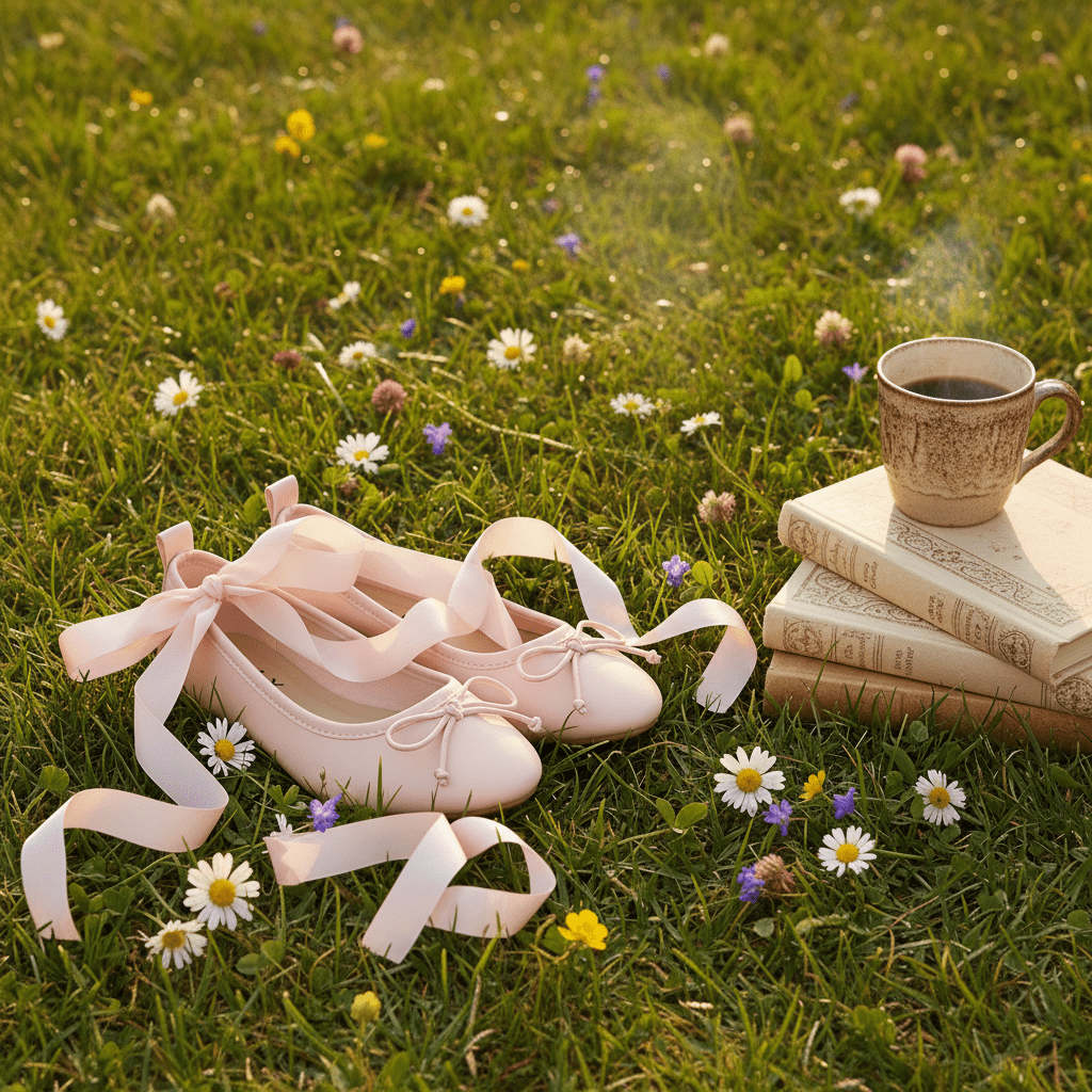 Pink ballet shoes with ribbons on grass next to a steaming mug of coffee and books.
