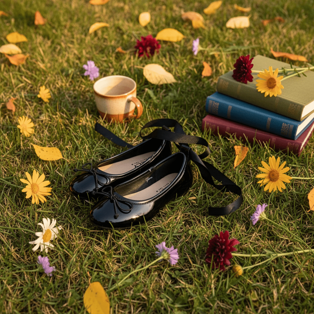 Black shoes on grass with a cup, books, and flowers