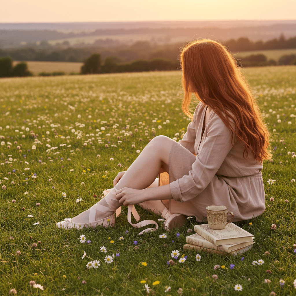 Woman sitting in a field of flowers with a cup and books, enjoying a peaceful moment.