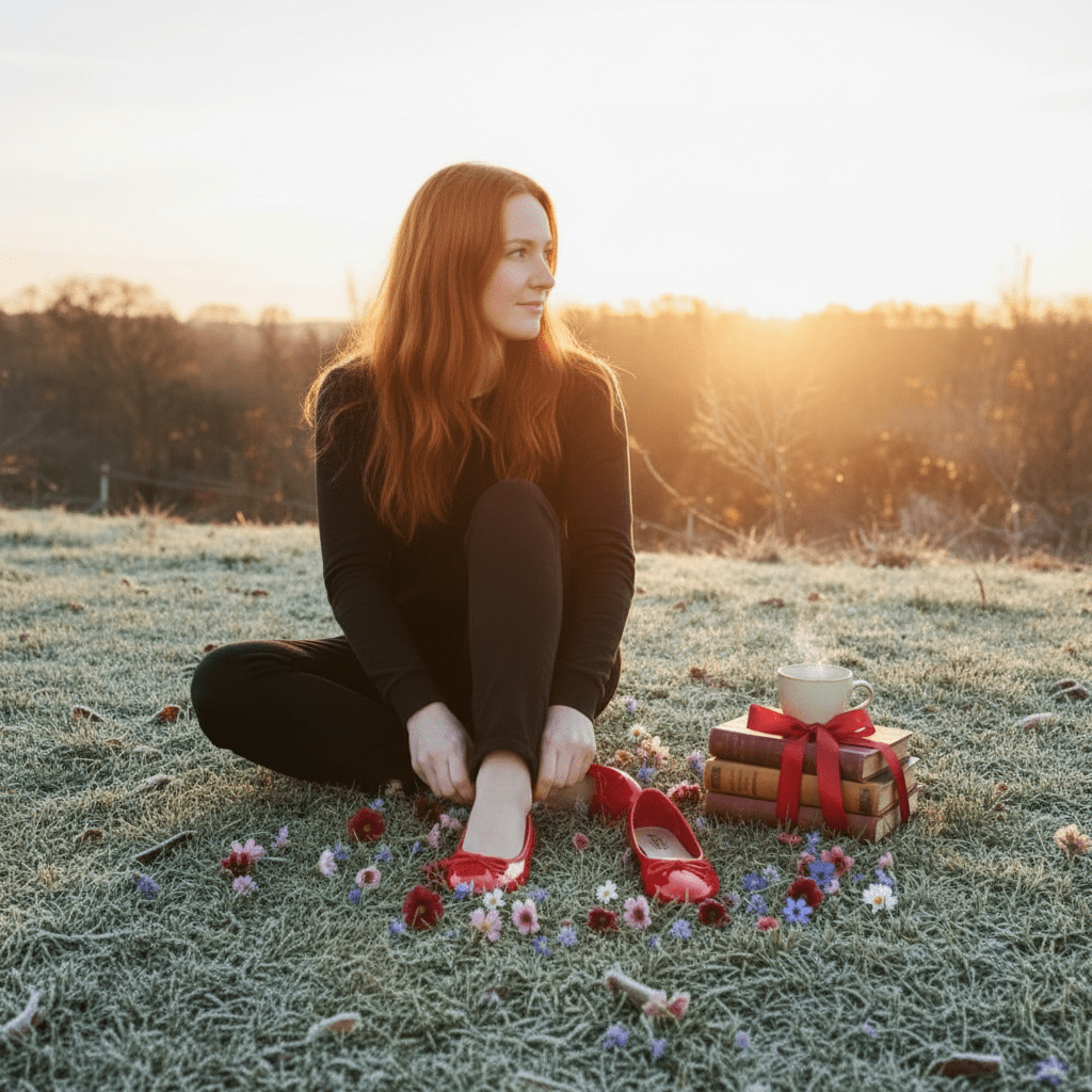 Woman sitting on a frosty field with red shoes and a gift box.