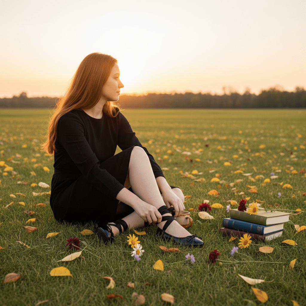 Woman sitting on a grassy field with books and flowers at sunset