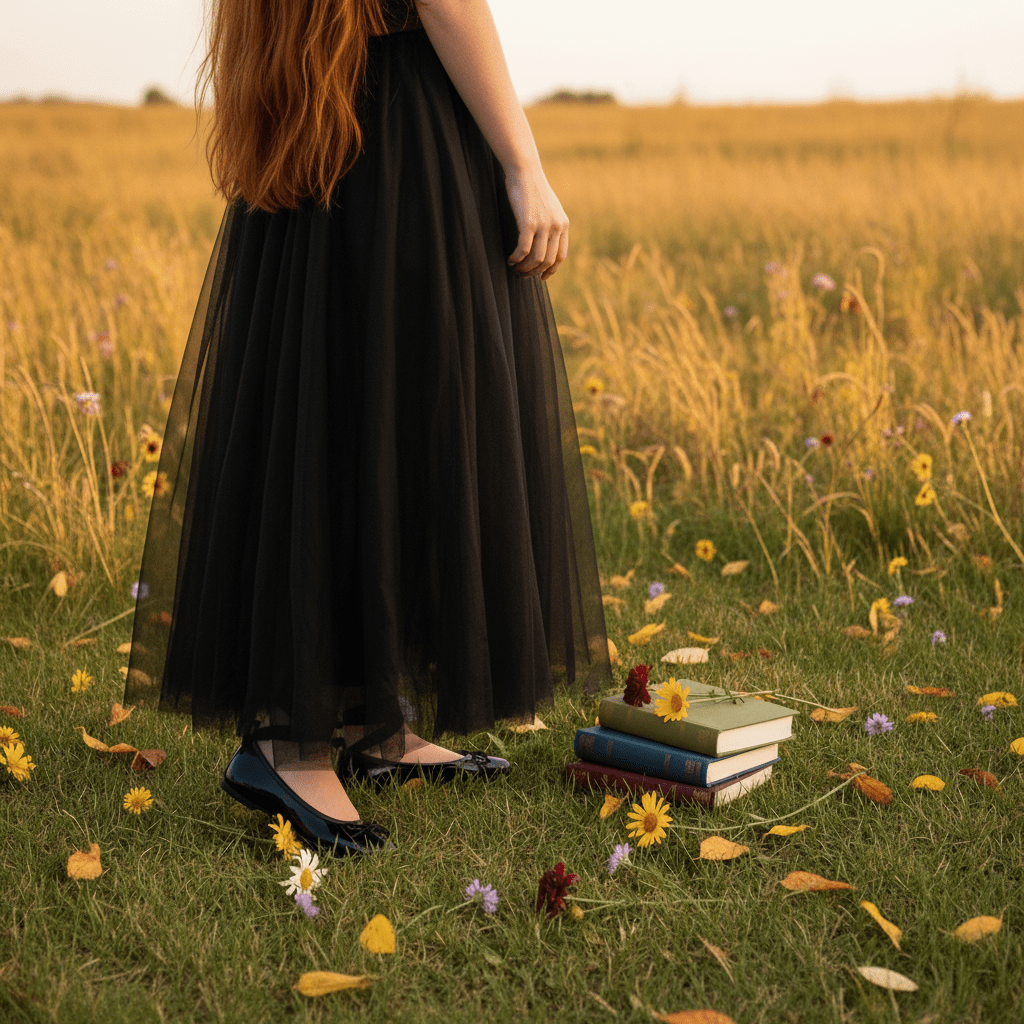 Person in a black dress standing in a field with books and flowers