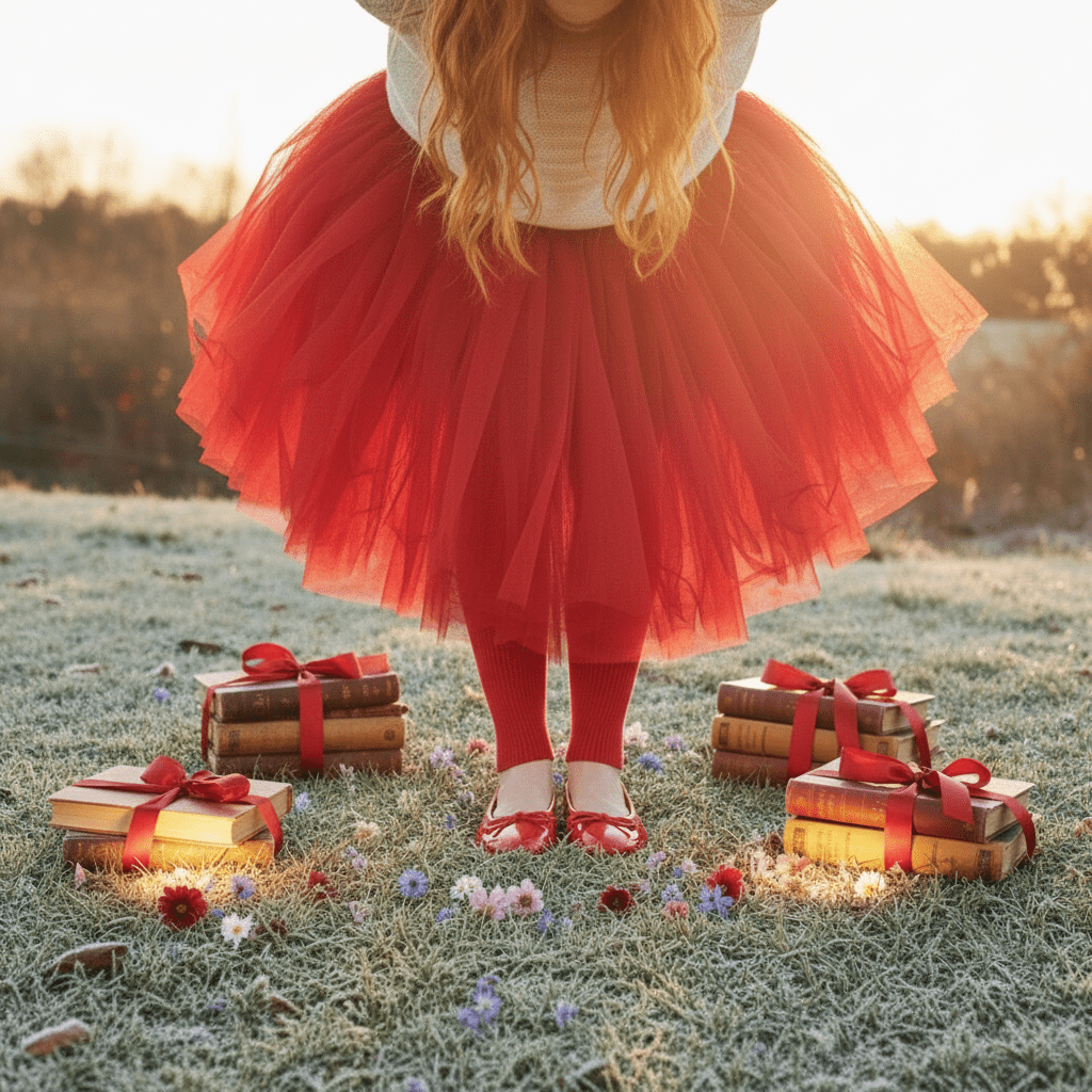 Person in a red skirt standing between small gift boxes on a grassy field.