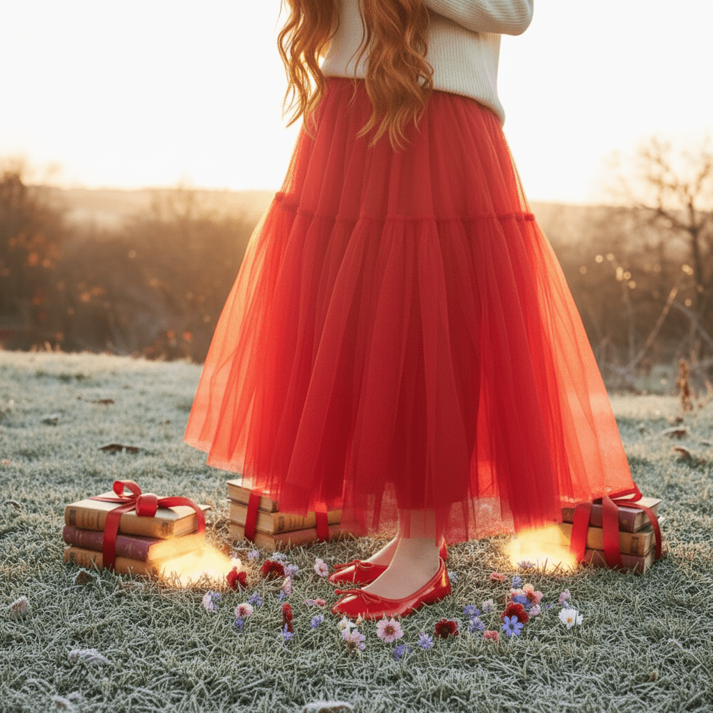 Person wearing a red skirt and white top standing on a frosty grass field with books and flowers.