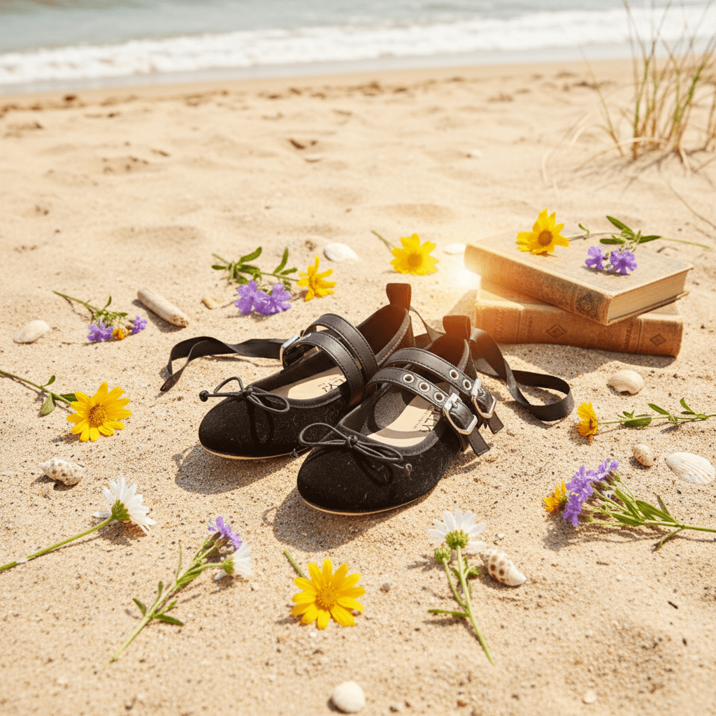 Black shoes on a sandy beach with flowers and an open book.