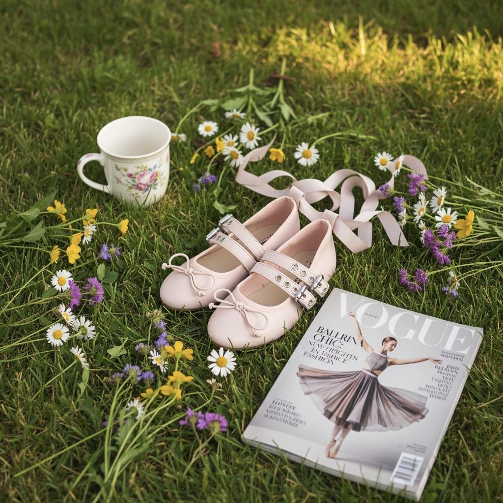 Pink ballet shoes with ribbons, a floral teacup, and flowers on grass next to a Vogue magazine.