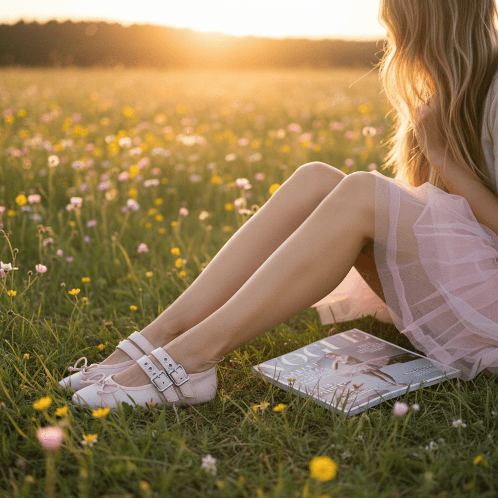 Woman sitting in a field of flowers at sunset, reading a book.