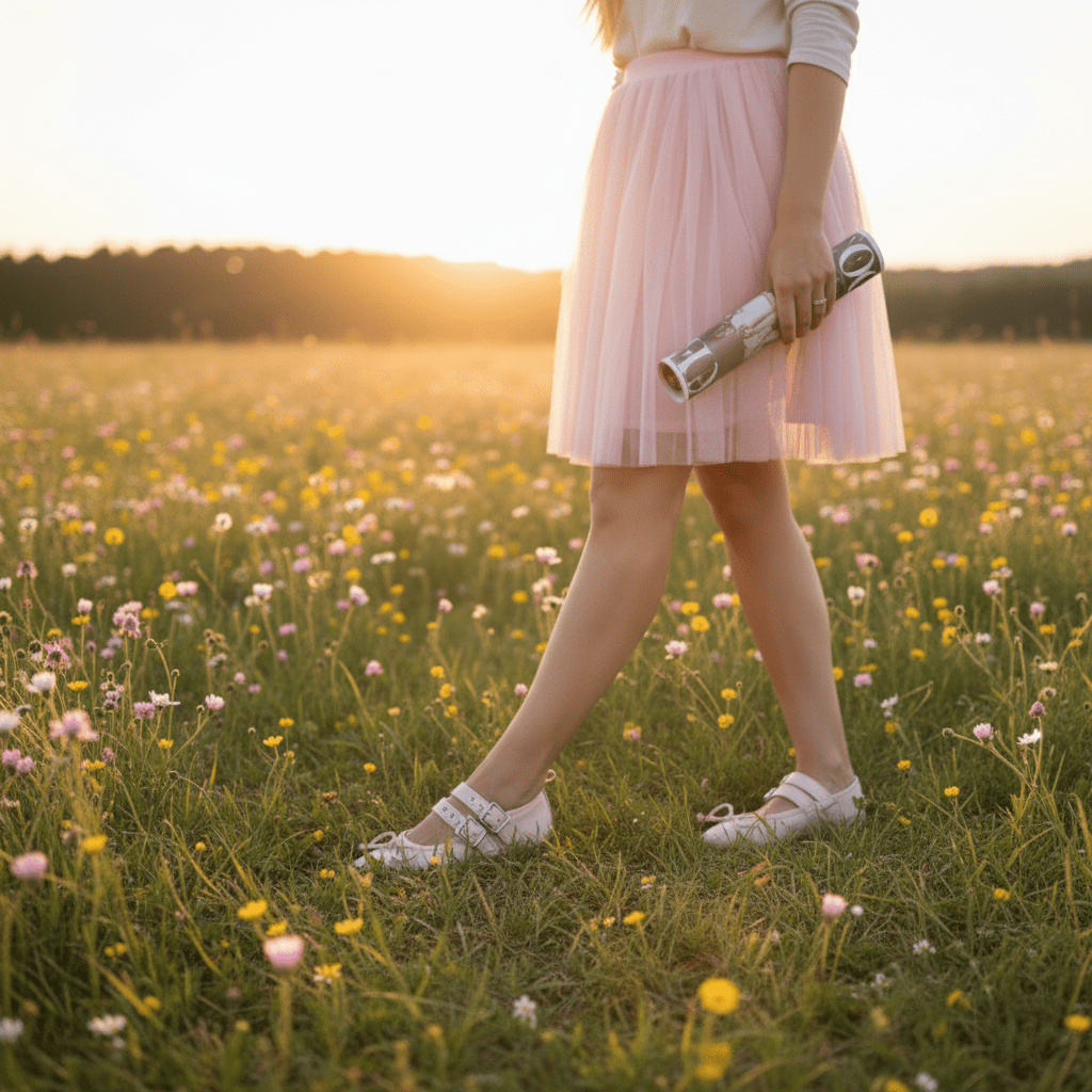 Person in a pink skirt walking through a field of flowers at sunset