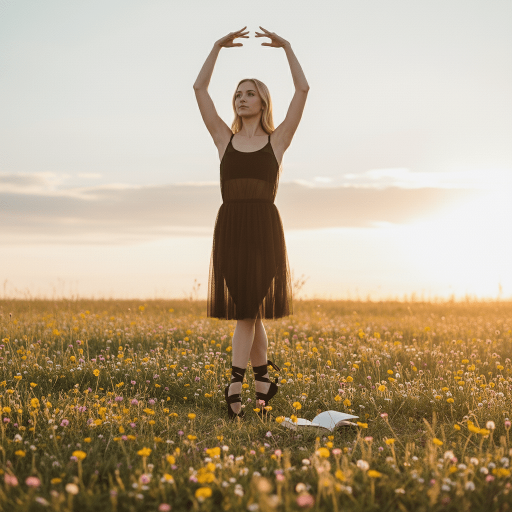Woman in a black dress standing in a field of flowers with arms raised at sunset.