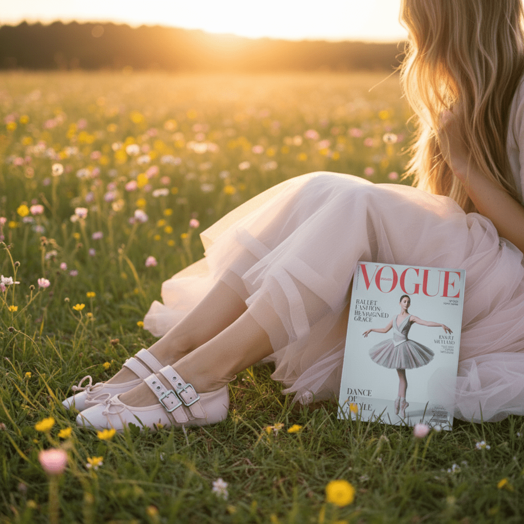 Woman in a dress sitting in a field with a 'Vogue' magazine