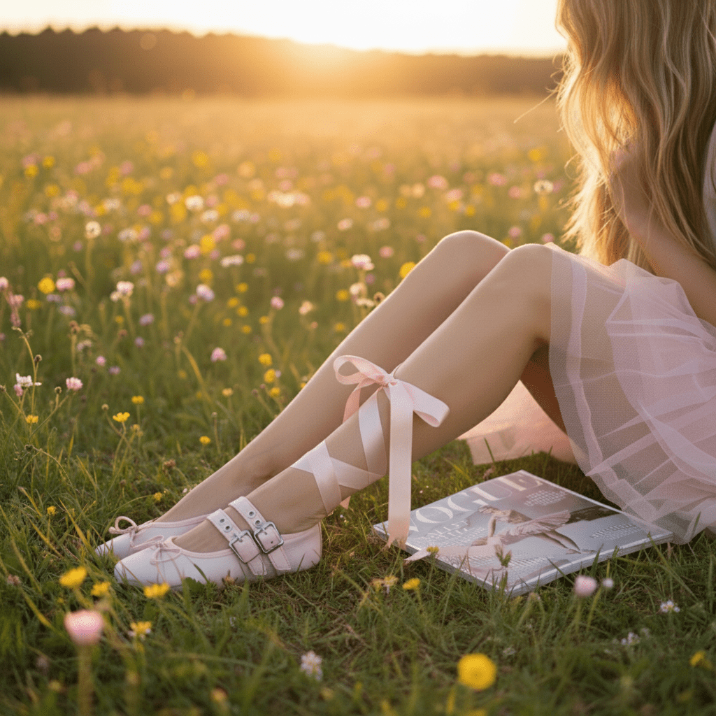 Woman sitting in a field of flowers with a book, wearing white shoes and light-colored stockings.