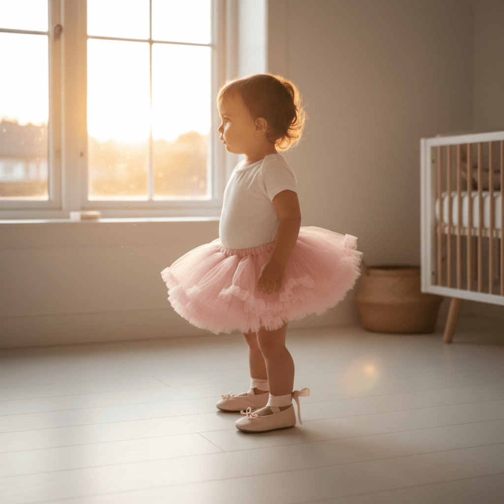 Child in pink baby ballerina shoes standing in a softly lit room with a crib in the background.