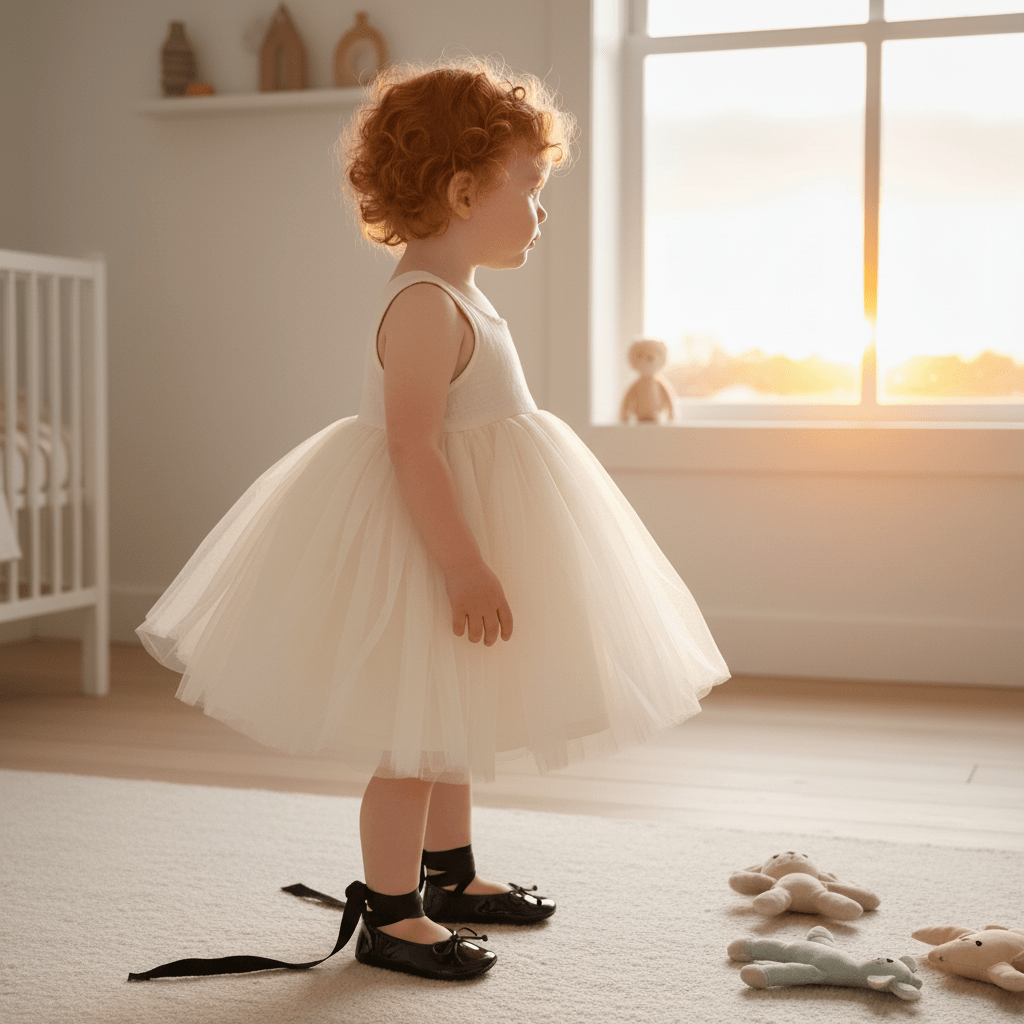 Young girl in a white dress and black baby ballerina shoes standing in a softly lit room with toys on the floor.