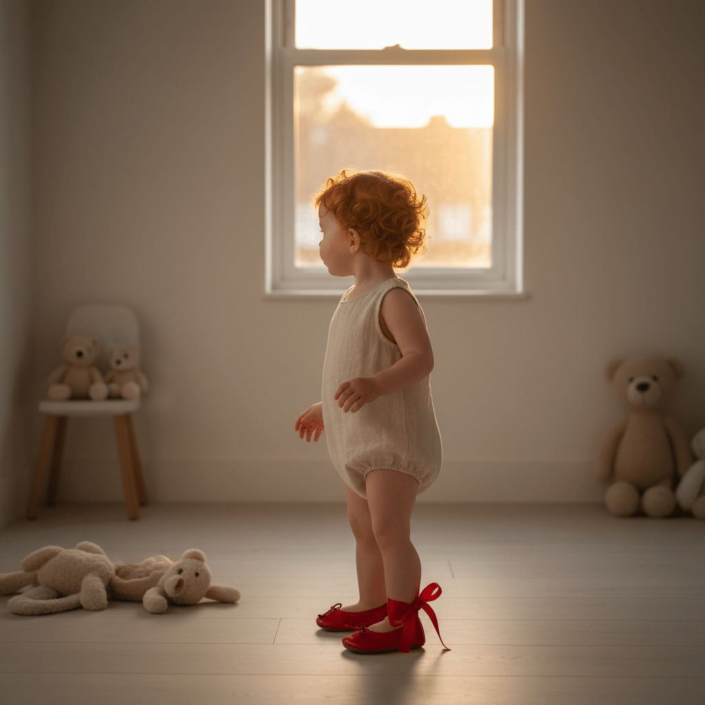 Child in a room with teddy bears and a large window