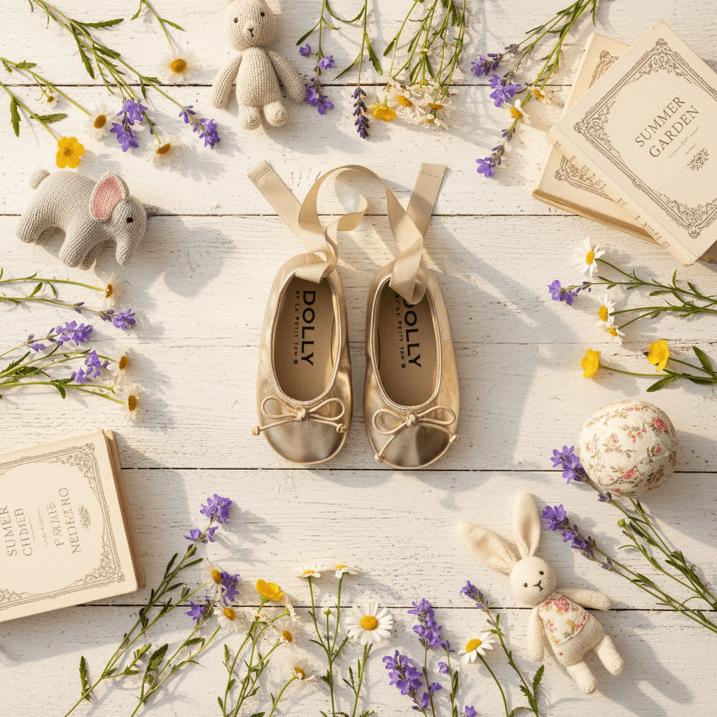 Pair of beige ballet flats with ribbons on a wooden surface with flowers and small toys.