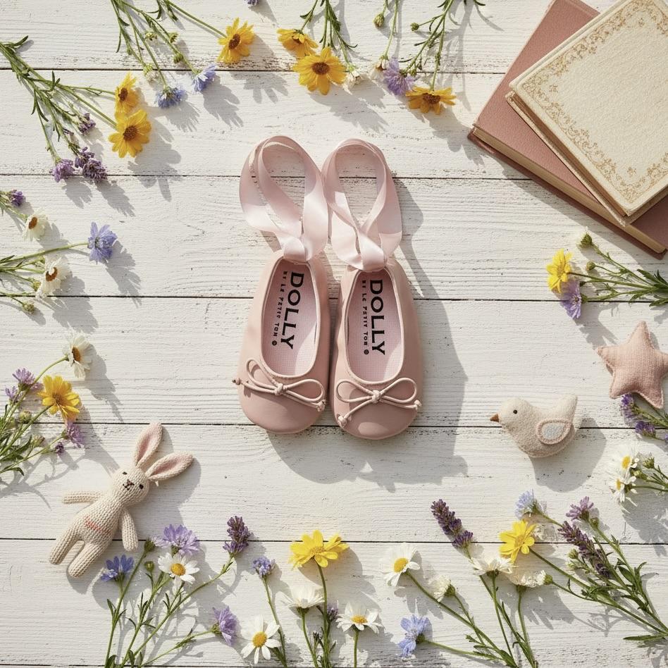 Pink shoes with 'Dolly' branding on a wooden surface surrounded by flowers and toys.