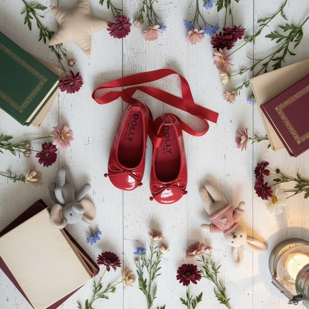 Red shoes with ribbons on a wooden surface with flowers and books