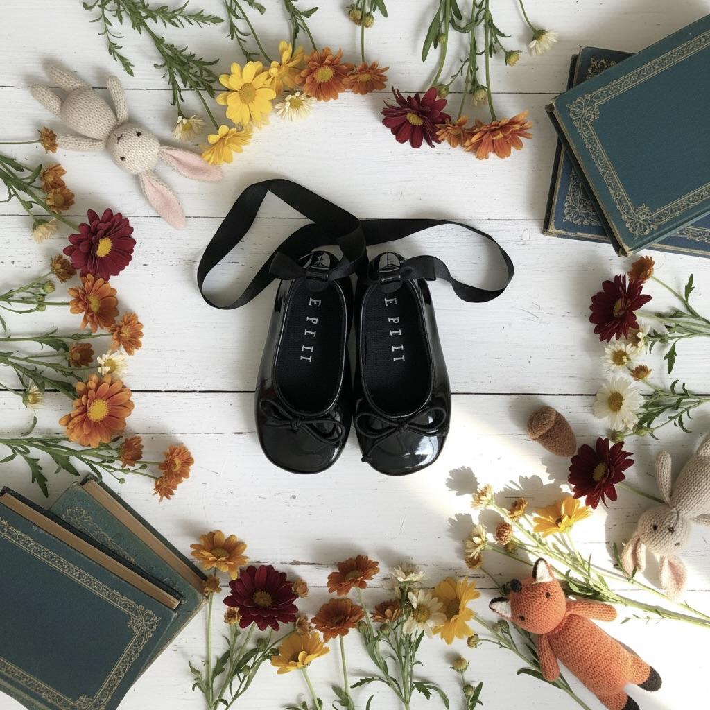 Black shoes with 'DOLLY' branding surrounded by flowers and small toys on a white wooden surface.