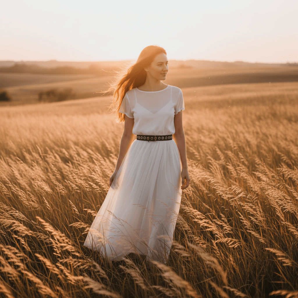 Woman in a white dress standing in a field of tall grass at sunset