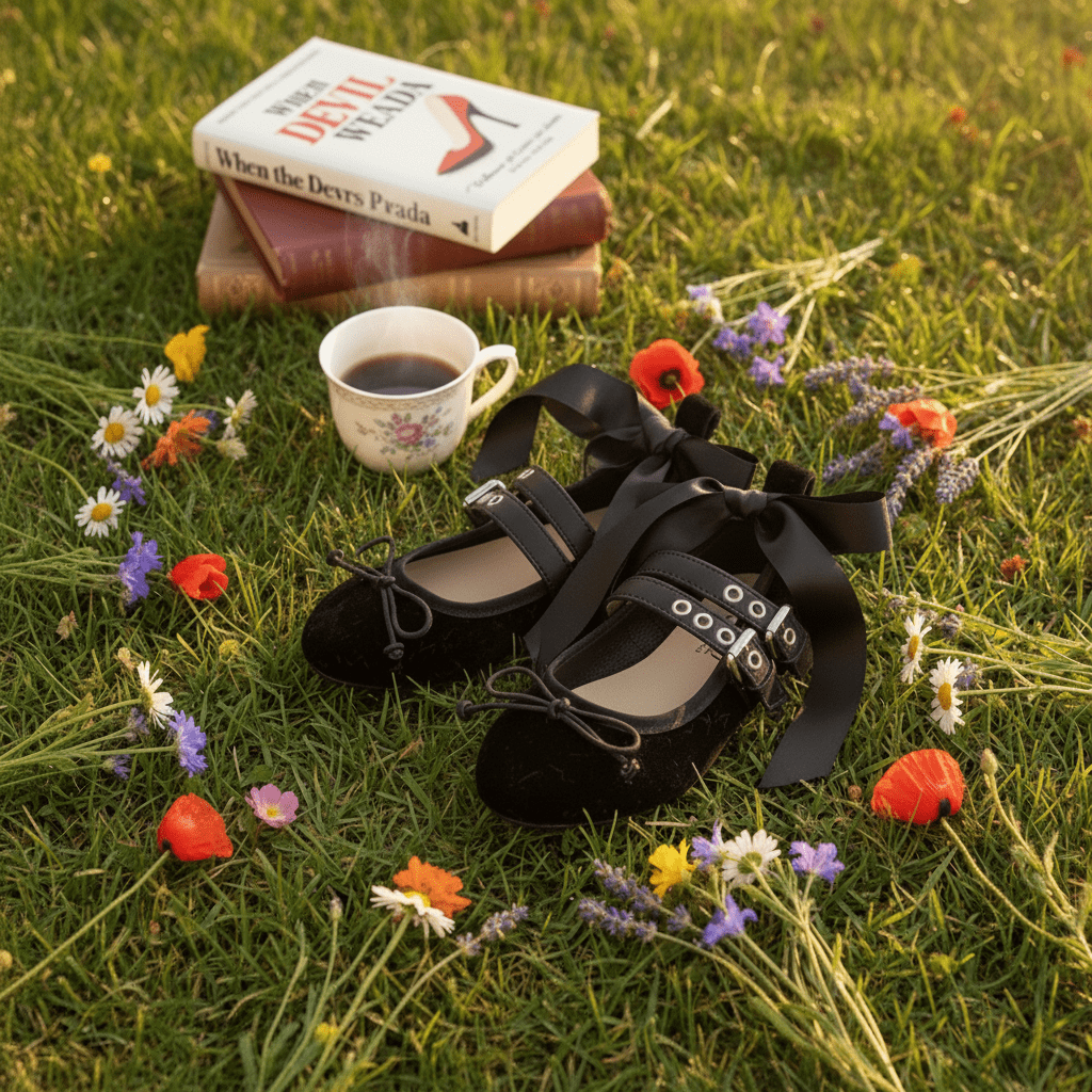 Black shoes with a bow, a cup of coffee, and books on grass with flowers