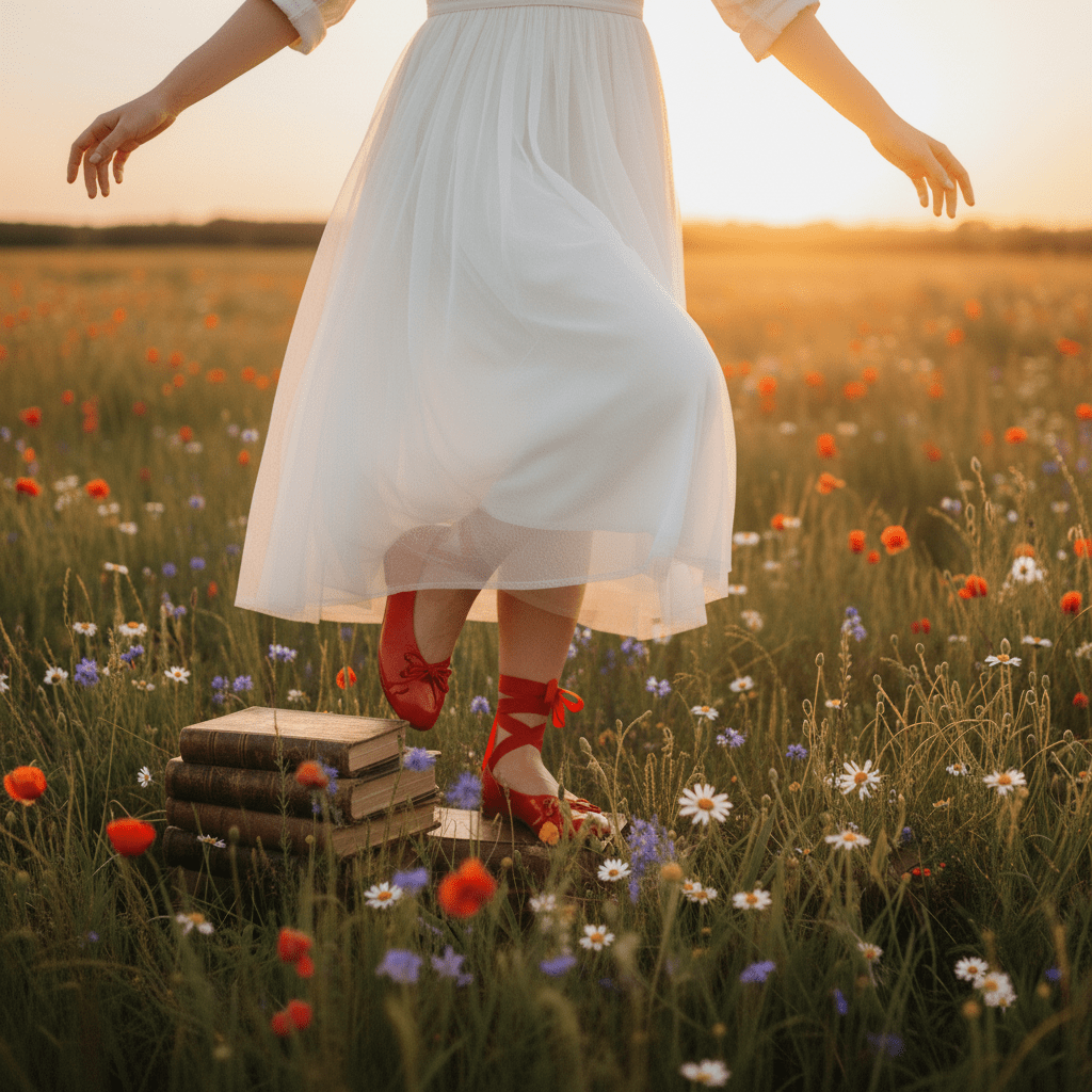 Person in a white dress and red shoes standing in a field of flowers at sunset.