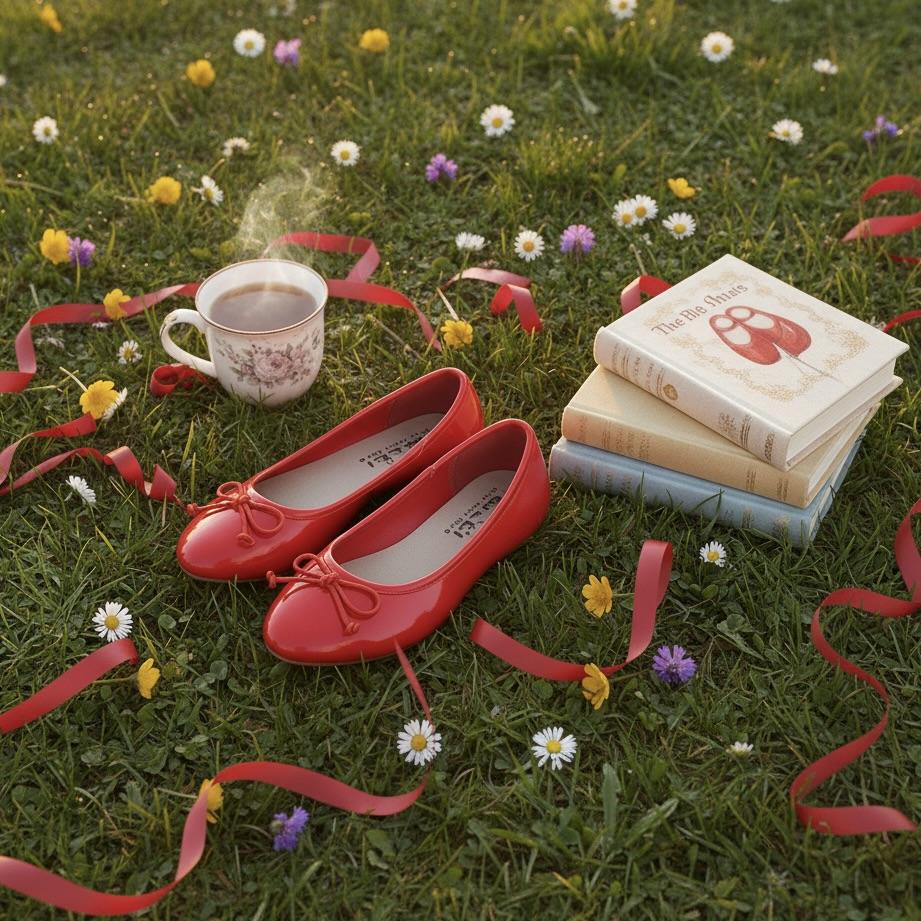 Red shoes, a cup of tea, and books on grass with flowers