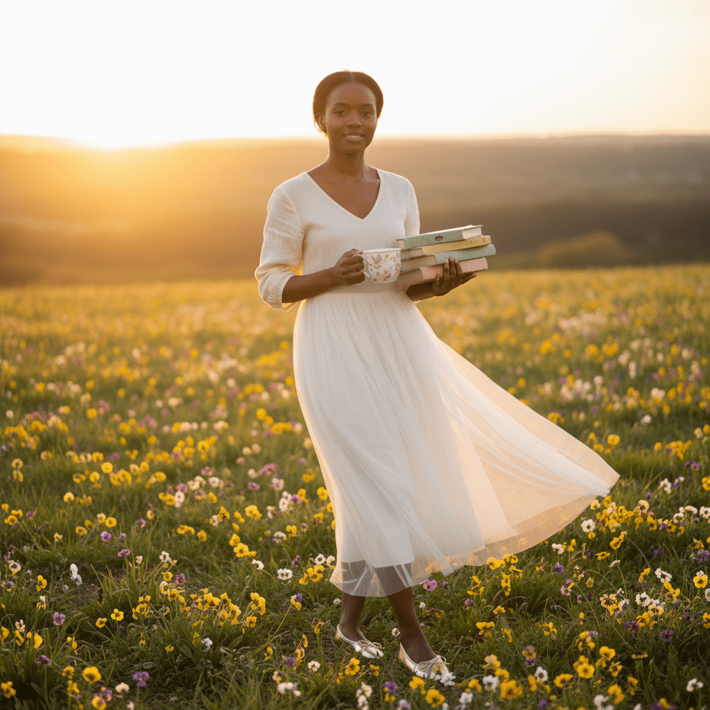 Woman in a white dress holding books in a field at sunset