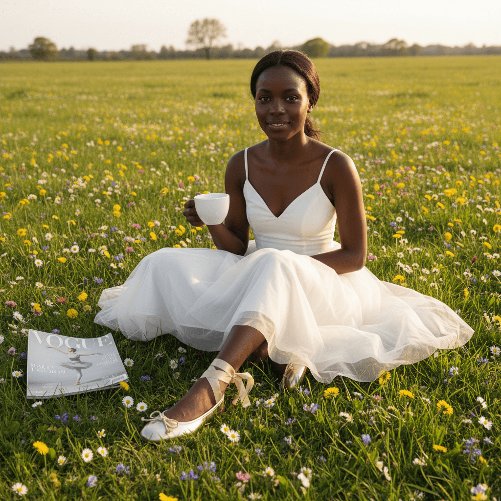 Woman in a white dress sitting in a field of flowers with a cup and Vogue magazine.