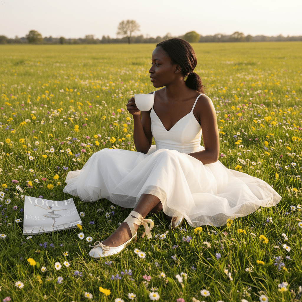 Woman in a white dress sitting in a field of flowers, holding a book.